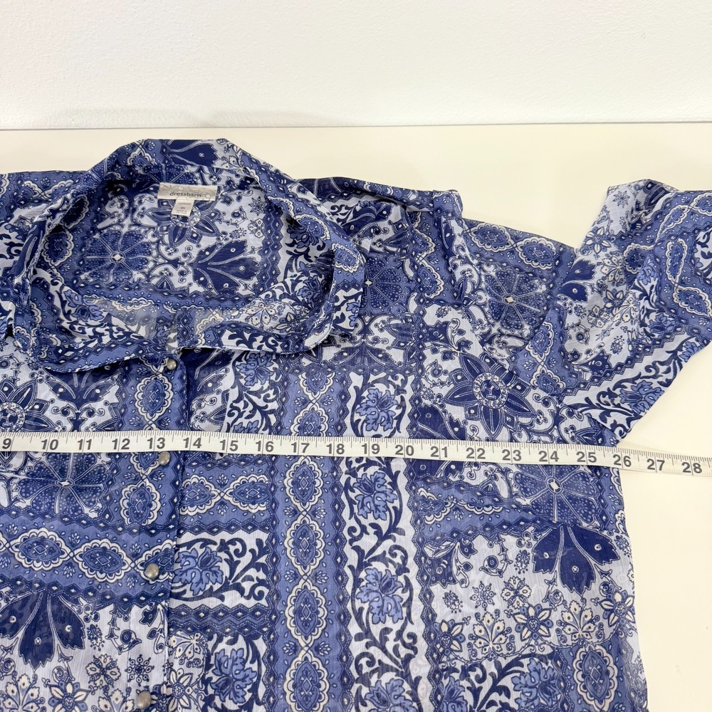 Dressbarn Patchwork Sheer Long Sleeve Button Up Blouse Boho Blue Tunic Size 2X - Picture 6 of 8